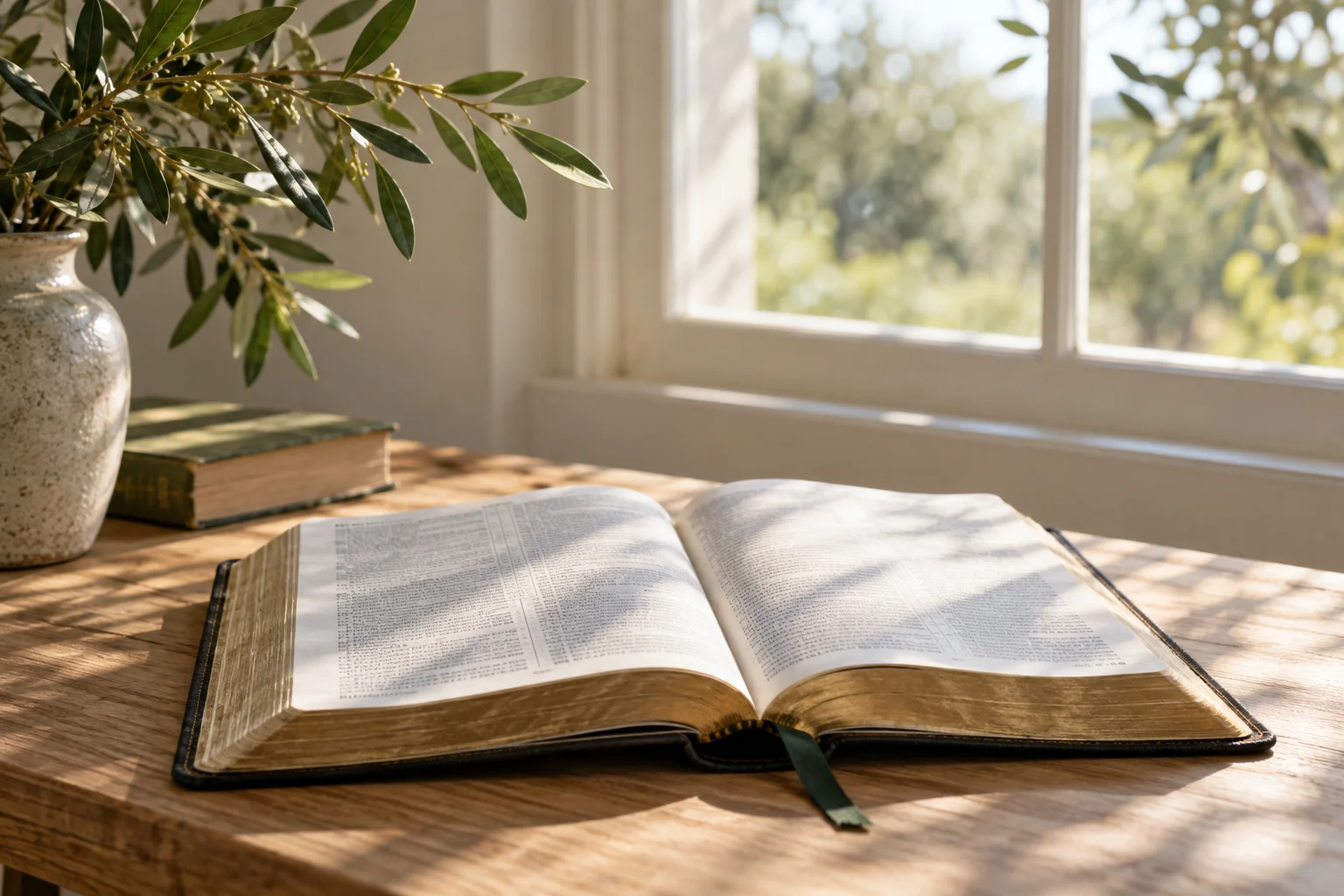 An open Bible on a wooden table in quiet afternoon sunlight